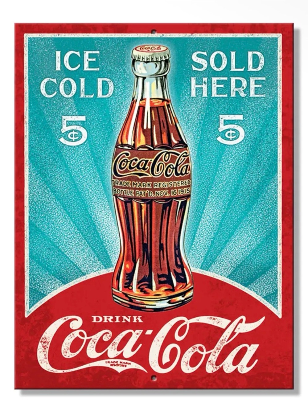 Coca Cola Vintage Bottle Tin Sign - Red & Teal Graphic